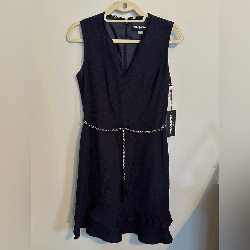 Karl Lagerfeld Tweed Chain Flounce Hem Dress Size 6 Navy NWT